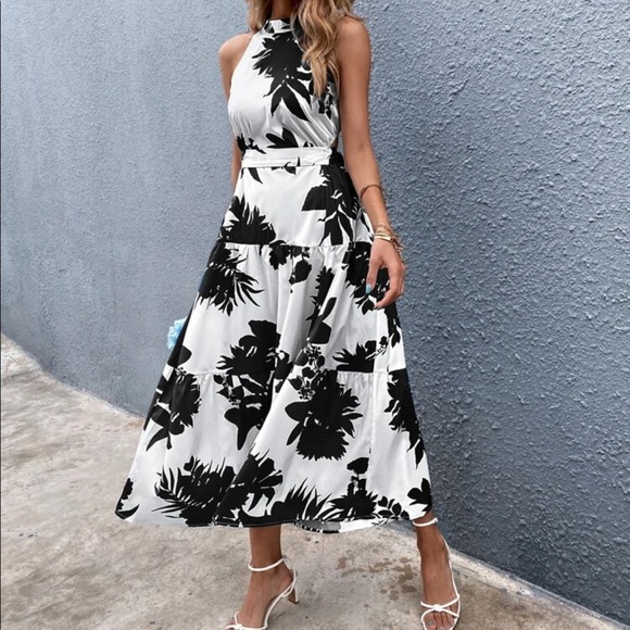 Boho floral plants cutout back ruffle hem dress - Picture 4 of 8